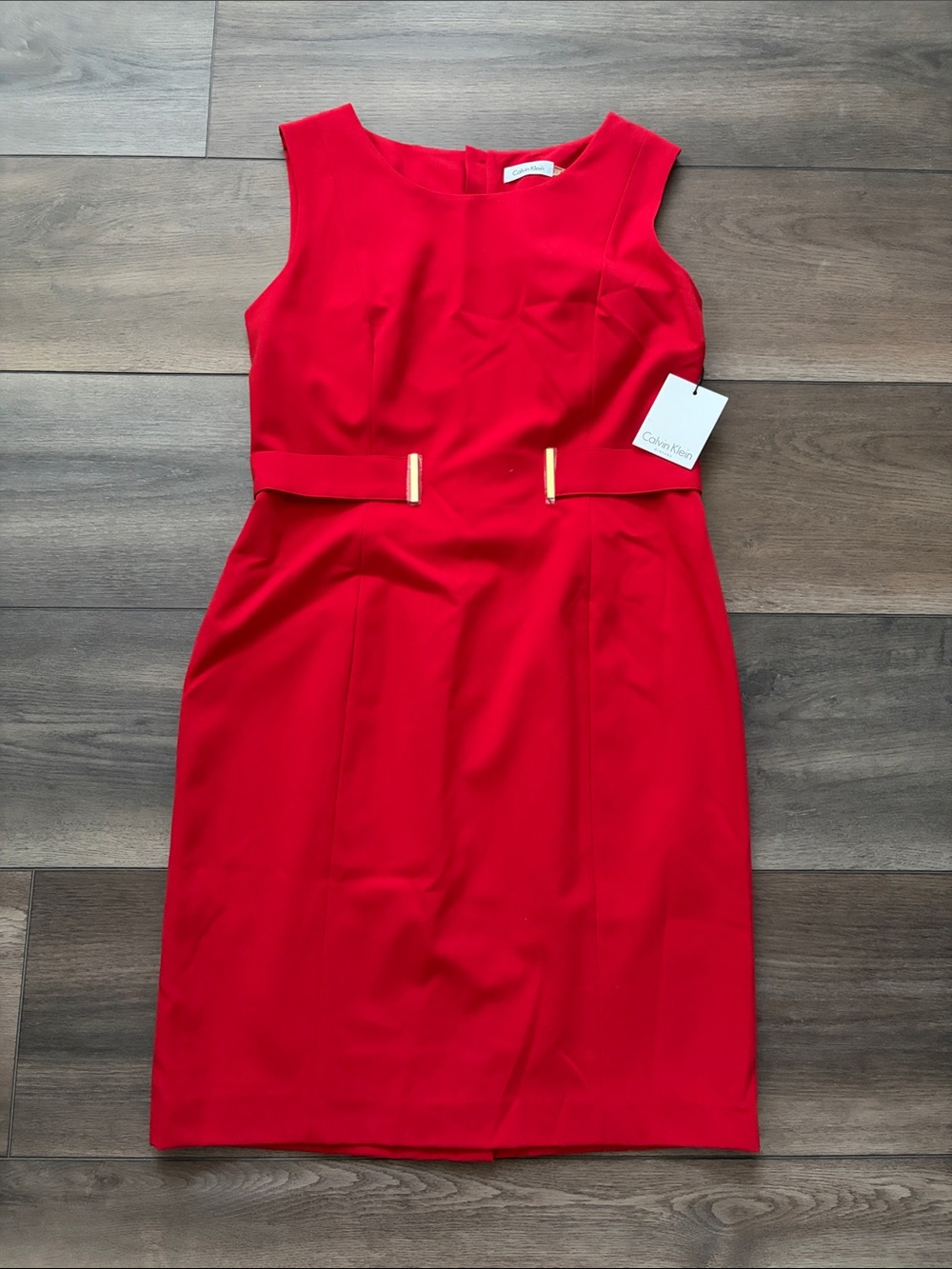 Calvin Klein Bright Red Sleeveless Sheath Dress with Gold Accent